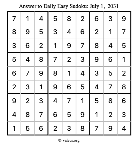 Answer to easy sudoku July 1, 2031