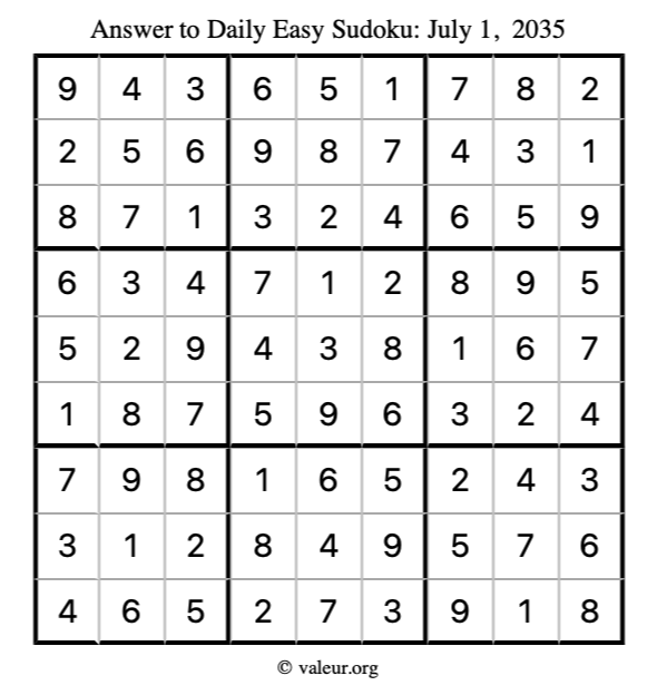 Answer to easy sudoku July 1, 2035
