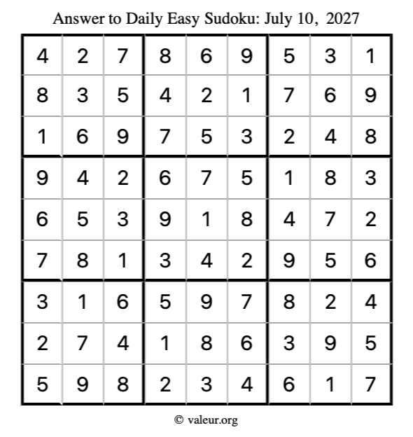 Answer to easy sudoku July 10, 2027