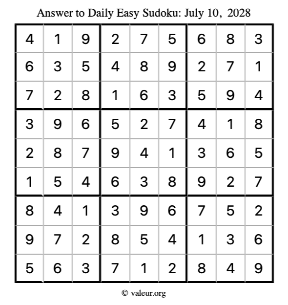 Answer to easy sudoku July 10, 2028