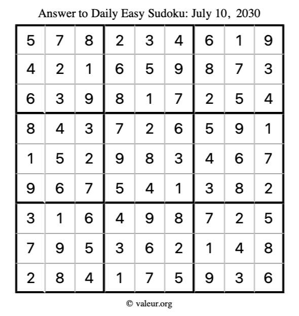 Answer to easy sudoku July 10, 2030