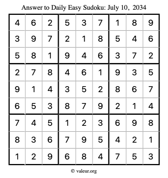 Answer to easy sudoku July 10, 2034