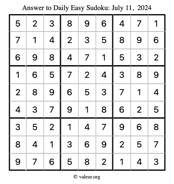 Answer to easy sudoku July 11, 2024