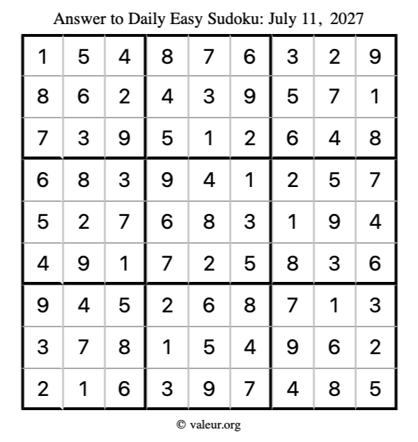 Answer to easy sudoku July 11, 2027