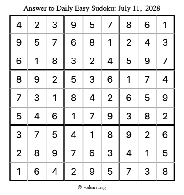 Answer to easy sudoku July 11, 2028