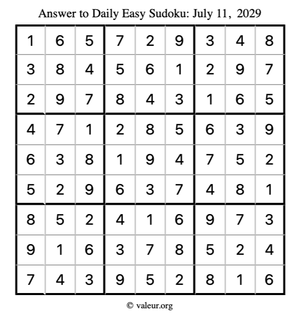 Answer to easy sudoku July 11, 2029