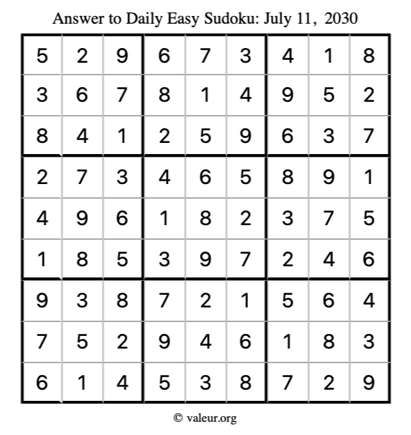 Answer to easy sudoku July 11, 2030