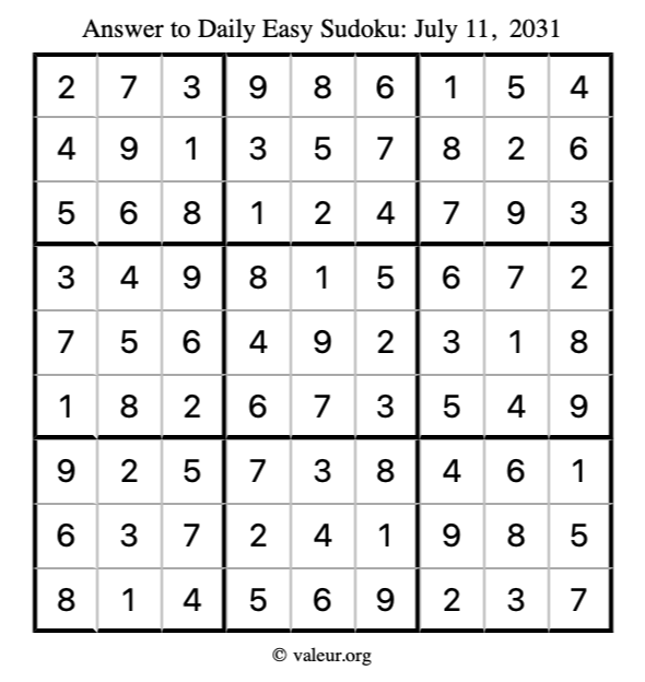 Answer to easy sudoku July 11, 2031