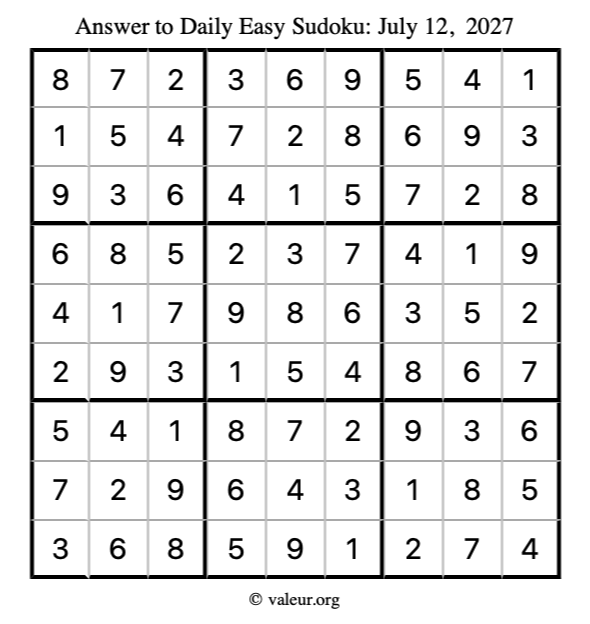 Answer to easy sudoku July 12, 2027