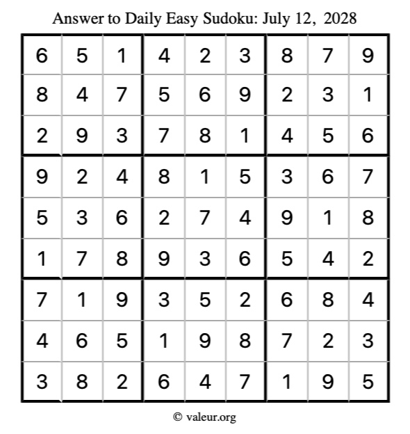 Answer to easy sudoku July 12, 2028