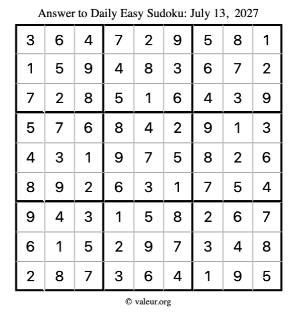 Answer to easy sudoku July 13, 2027