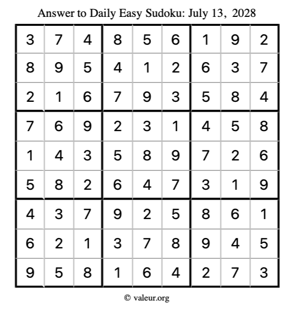 Answer to easy sudoku July 13, 2028