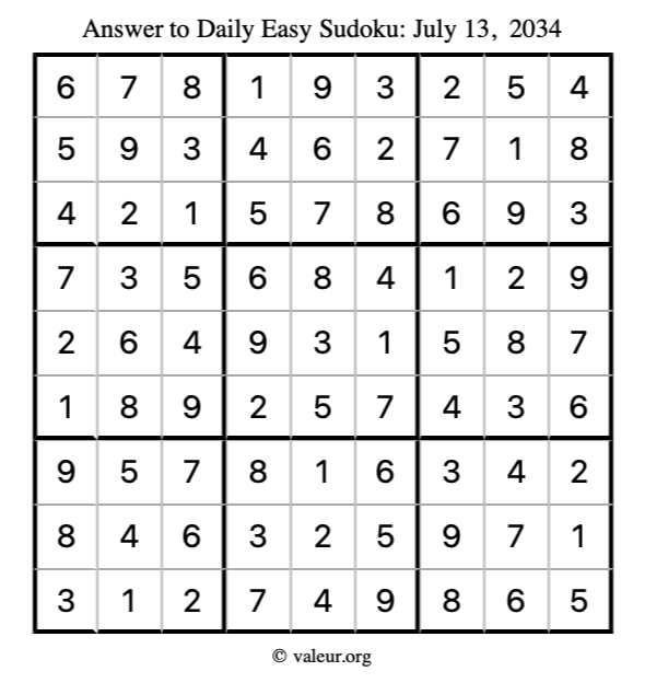 Answer to easy sudoku July 13, 2034