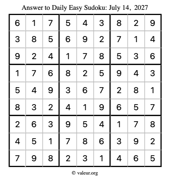 Answer to easy sudoku July 14, 2027