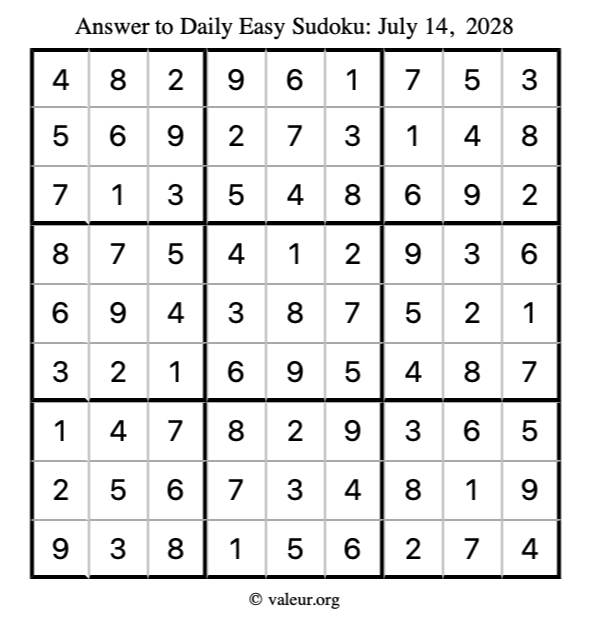 Answer to easy sudoku July 14, 2028