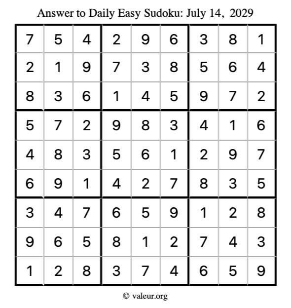 Answer to easy sudoku July 14, 2029