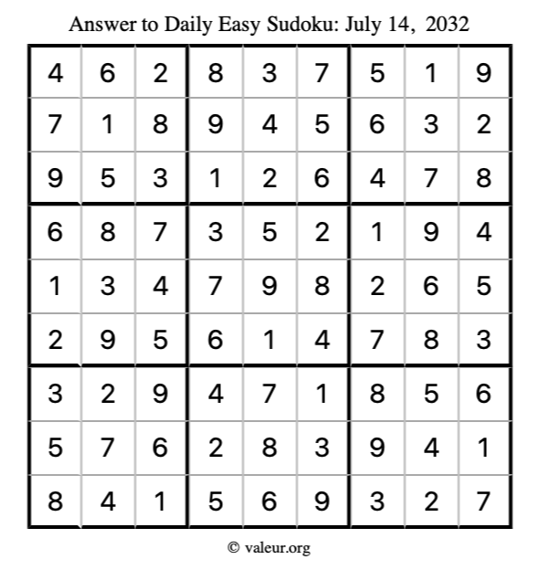 Answer to easy sudoku July 14, 2032