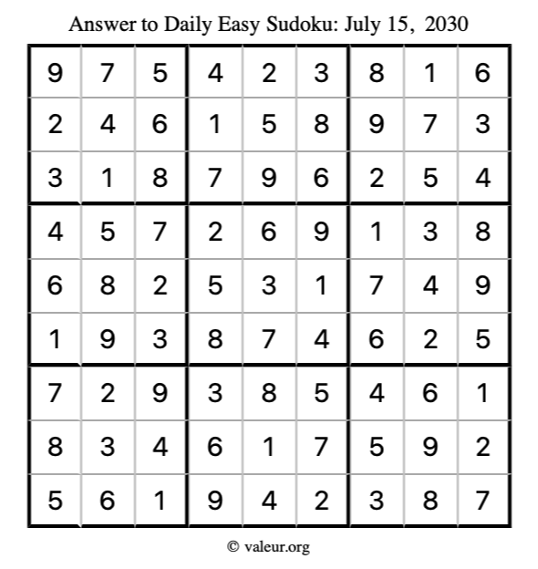 Answer to easy sudoku July 15, 2030