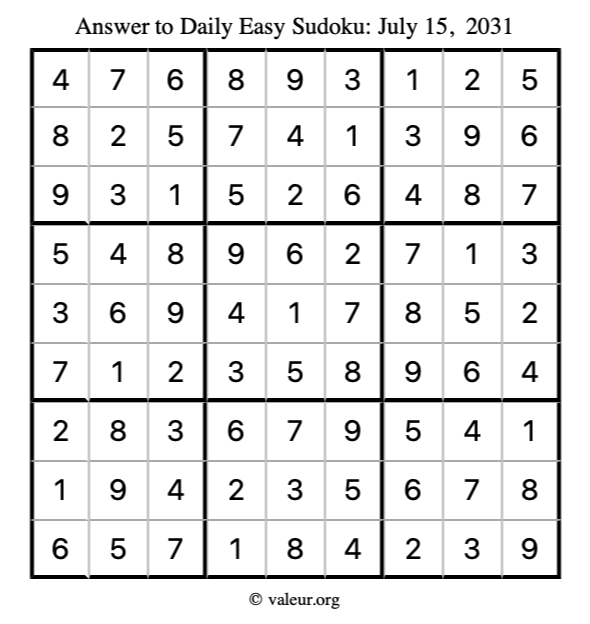 Answer to easy sudoku July 15, 2031