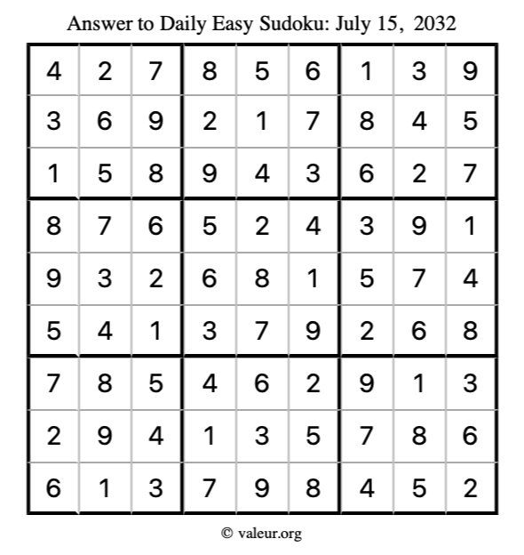 Answer to easy sudoku July 15, 2032