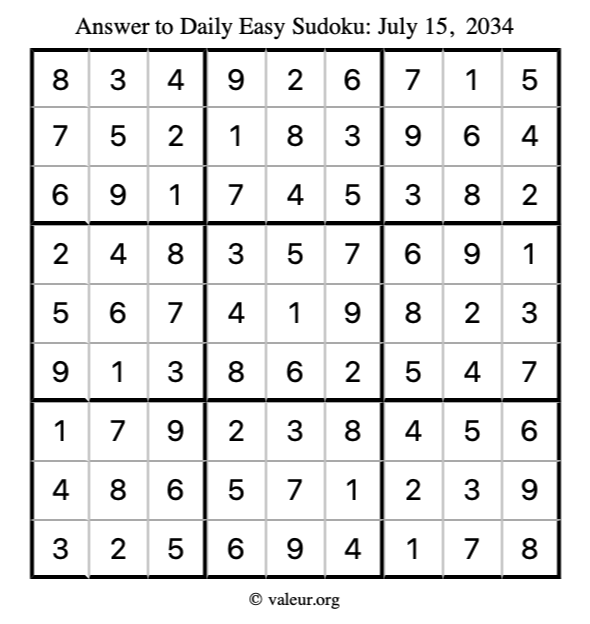 Answer to easy sudoku July 15, 2034