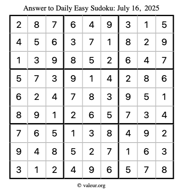 Answer to easy sudoku July 16, 2025