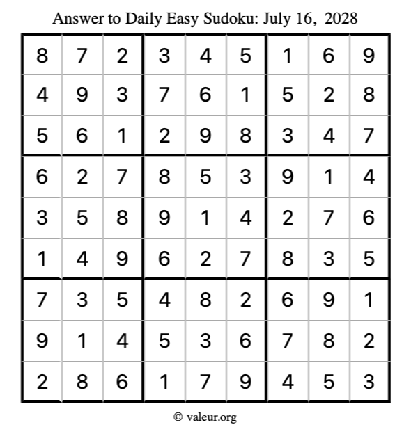 Answer to easy sudoku July 16, 2028