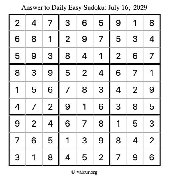 Answer to easy sudoku July 16, 2029