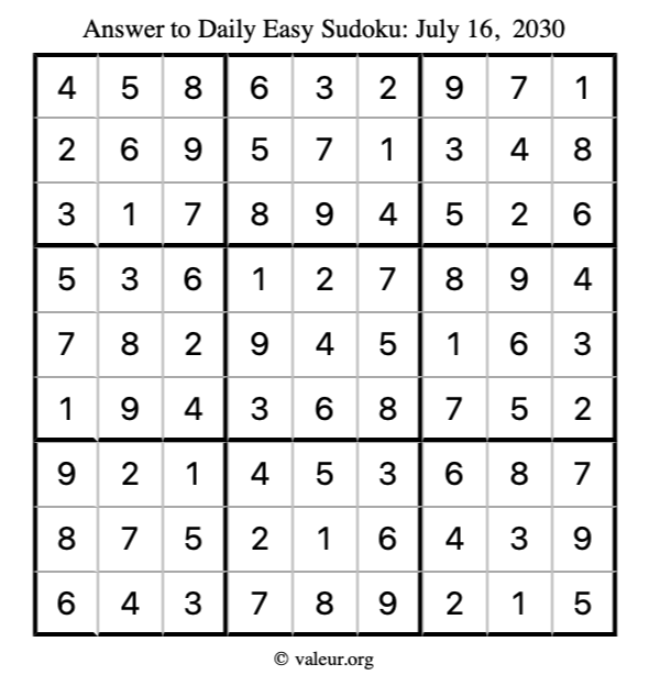 Answer to easy sudoku July 16, 2030