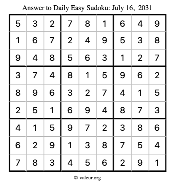 Answer to easy sudoku July 16, 2031