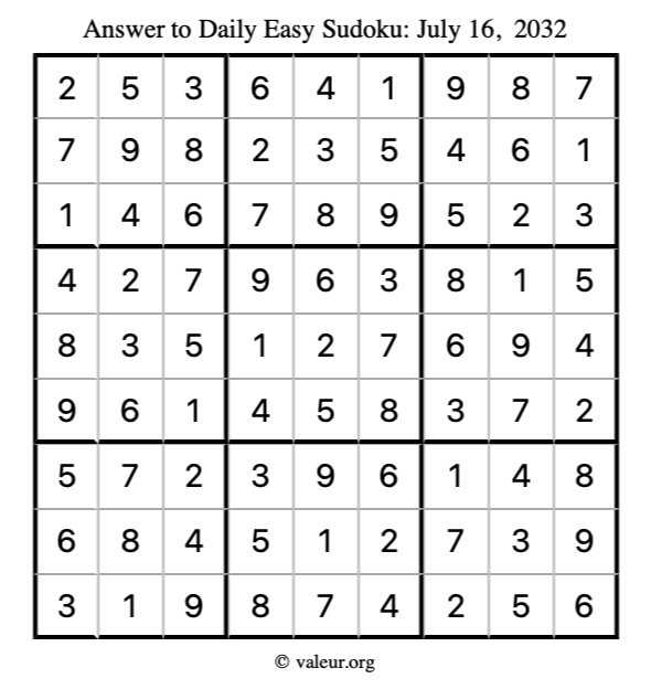 Answer to easy sudoku July 16, 2032