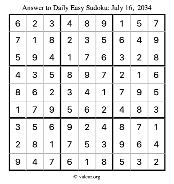 Answer to easy sudoku July 16, 2034