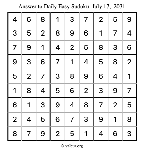Answer to easy sudoku July 17, 2031