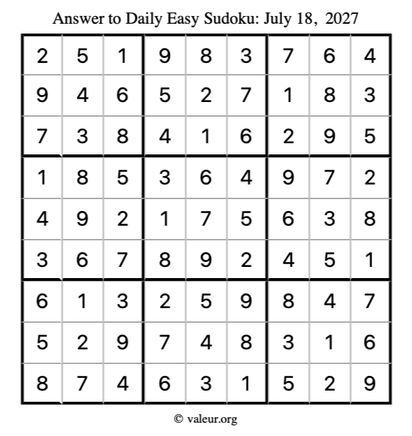 Answer to easy sudoku July 18, 2027