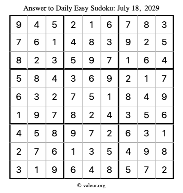 Answer to easy sudoku July 18, 2029