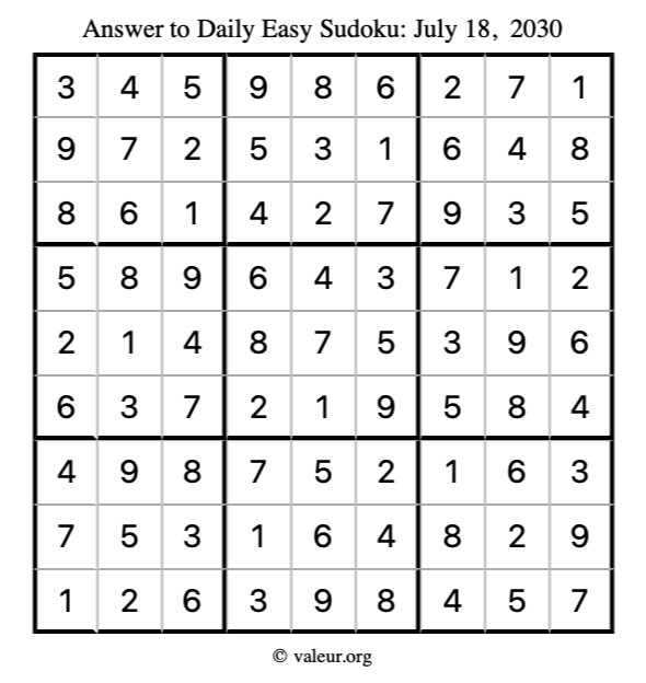 Answer to easy sudoku July 18, 2030
