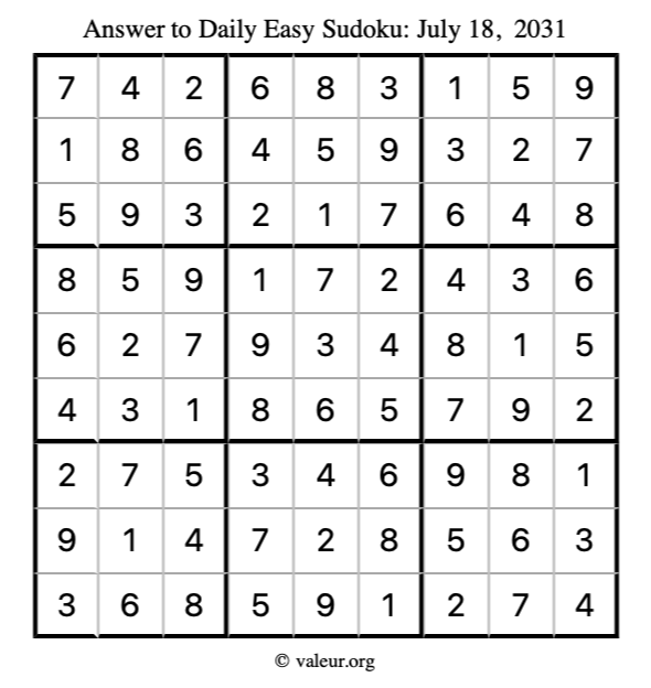 Answer to easy sudoku July 18, 2031