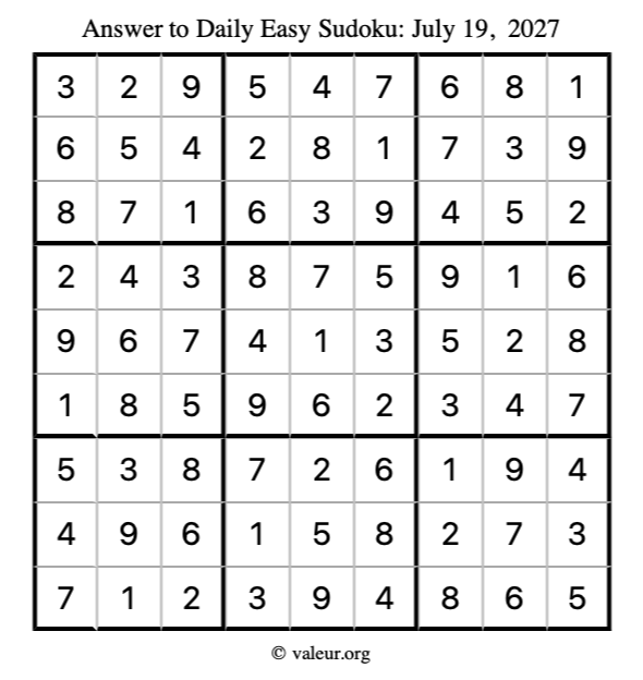 Answer to easy sudoku July 19, 2027