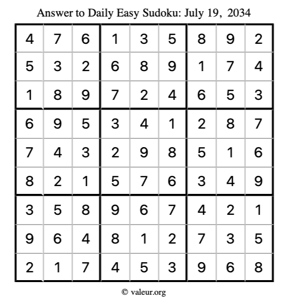 Answer to easy sudoku July 19, 2034