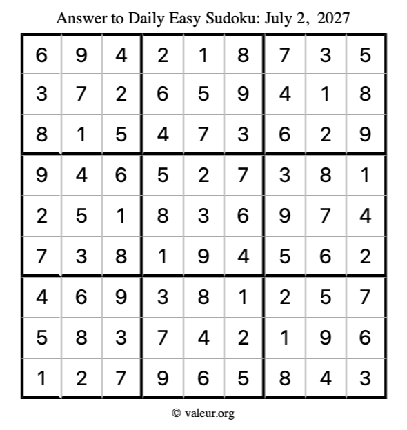 Answer to easy sudoku July 2, 2027