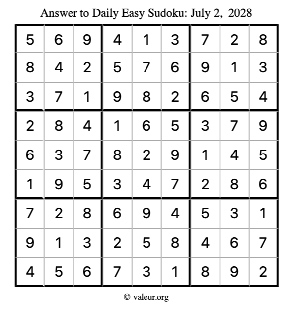 Answer to easy sudoku July 2, 2028