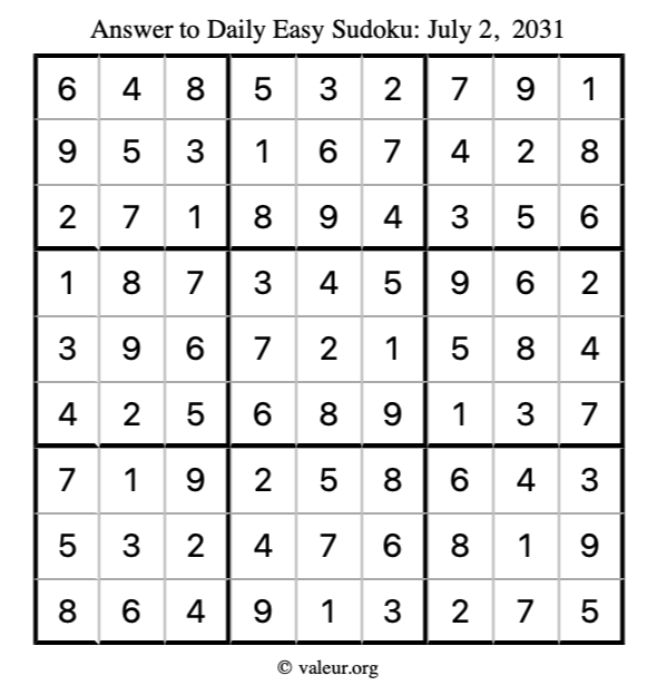 Answer to easy sudoku July 2, 2031