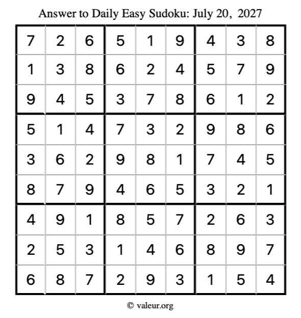 Answer to easy sudoku July 20, 2027