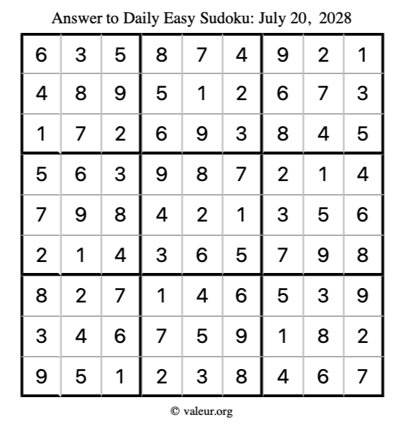 Answer to easy sudoku July 20, 2028