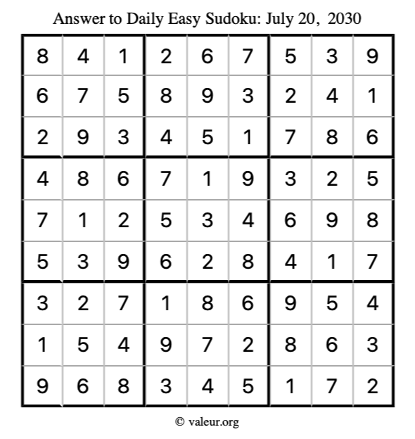 Answer to easy sudoku July 20, 2030