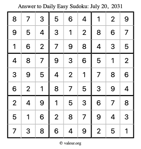 Answer to easy sudoku July 20, 2031