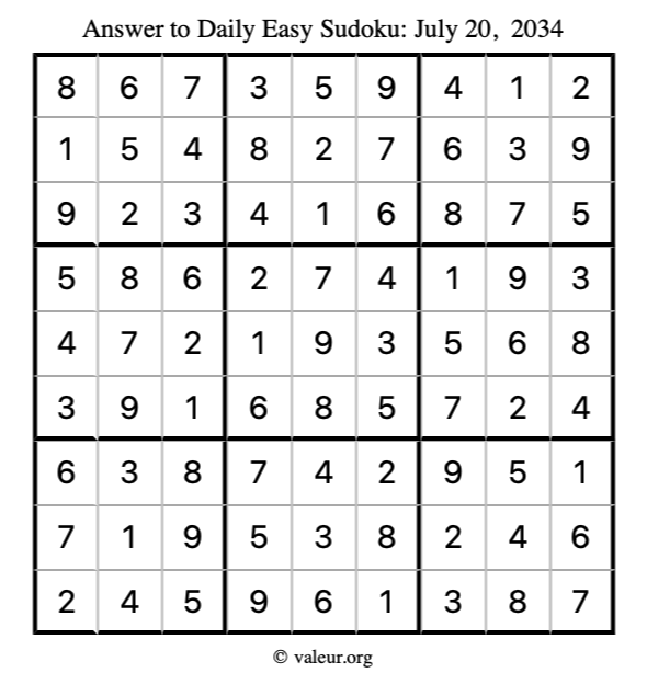 Answer to easy sudoku July 20, 2034