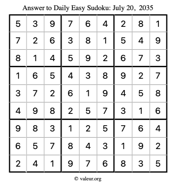 Answer to easy sudoku July 20, 2035