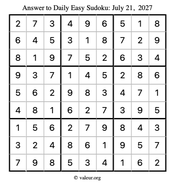 Answer to easy sudoku July 21, 2027