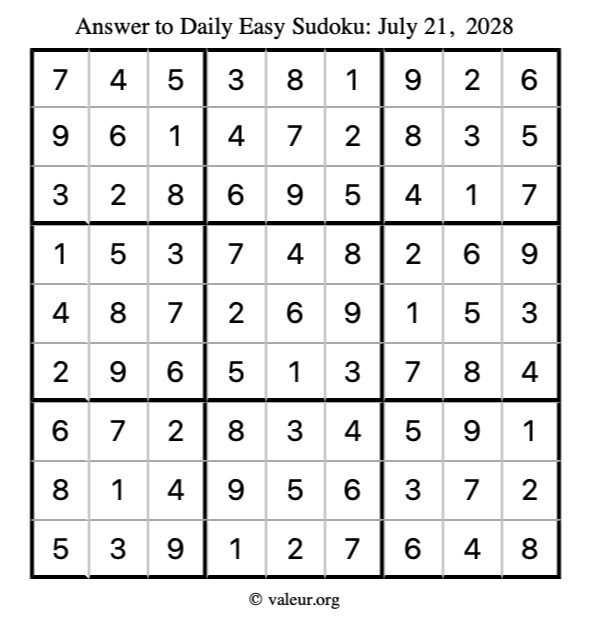 Answer to easy sudoku July 21, 2028